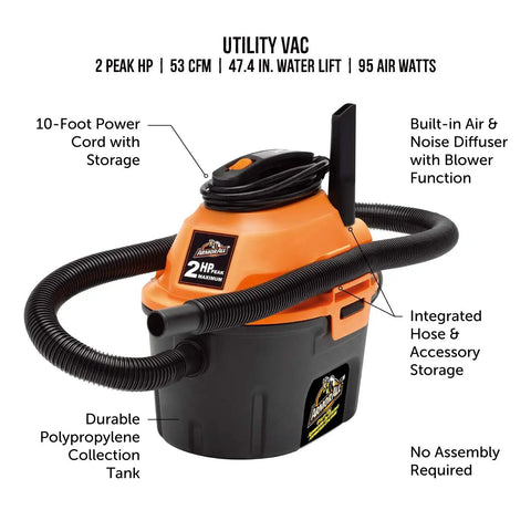 Compact 2.5 Gallon Wet Dry Shop Vacuum With 2 Peak HP Blower Function shows 10 Ft Cord, hose, and onboard storage.