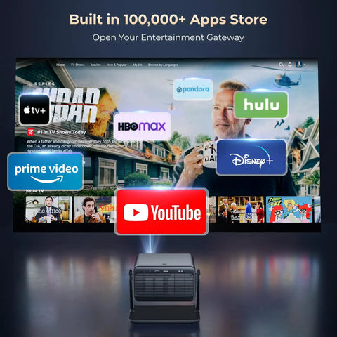 Smart Portable Video Projector With WiFi And Bluetooth For Home Theater And Outdoor Movie Nights Netflix Ready 4K Video Decode With 1080P Native Auto Focus And Keystone Correction Dolby Audio No Extra TV Stick Needed projecting streaming services like YouTube and Netflix.
