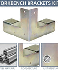 8 Piece Workbench Brackets Kit 3 Way Corner Brackets For 2x4 Wood Fits Actual Size 1.5x3.5 Inches Heavy Duty DIY Build Your Own Custom Work Table Silver showing L-shaped design and steel material features.