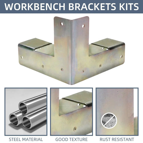 8 Piece Workbench Brackets Kit 3 Way Corner Brackets For 2x4 Wood Fits Actual Size 1.5x3.5 Inches Heavy Duty DIY Build Your Own Custom Work Table Silver showing L-shaped design and steel material features.