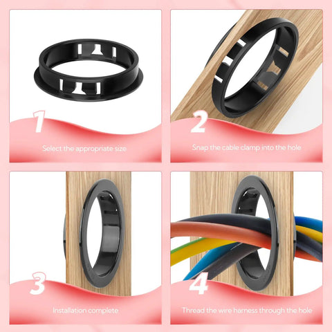 Black Cable Snap Bushing Grommets Kit 110 Pcs Pro Grade Easy Install Snap In Cord Protectors For Wires In 1/2 Inch 3/4 Inch 7/8 Inch 1-1/2 Inch 1-3/4 Inch And 2 Inch Tough PA66 Plastic High Temp. black PA66 snap bushing installed in wood panel with wire harness