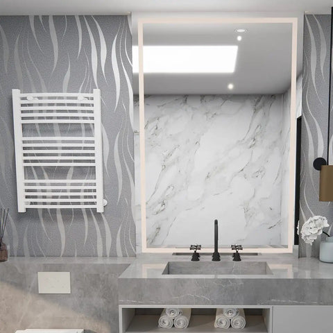 Bathroom with Self Adhesive Peel And Stick Wallpaper 20.8 By 393 Inches With 3D Water Wave Pattern beside towel rack