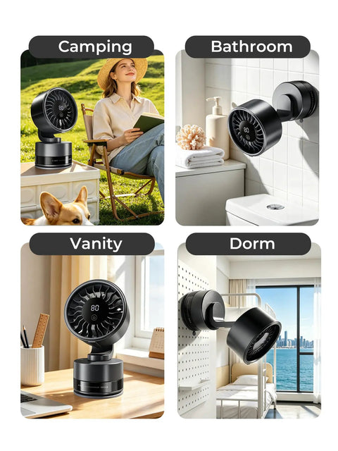 Compact USB Desk And Wall Mount Fan With Suction Cup Base And Digital LED Display Six Speeds in camping, bathroom, vanity, dorm use