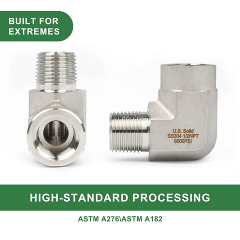 Front view: stainless steel 90-degree street elbow; female threaded end and hollow bore (304 SS)
Side view: stainless steel 90-degree street elbow; male threaded end, 1/2 NPT (304 SS)