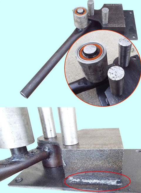 Close-up of Heavy-Duty Manual Rebar Bender For Steel Rods, Bendable Diameter 0.16 To 0.55 Inches showing metal construction and components.