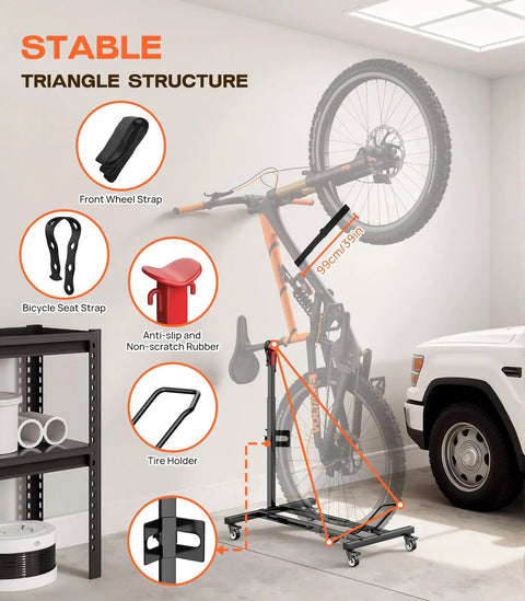 Freestanding Bike Stand With 360 Degree Lockable Wheels, Adjustable Height For Bikes Up To 29 Inches, no drilling, in garage