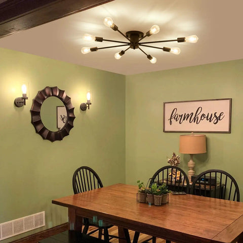 8 Light Matte Black Semi Flush Mount Ceiling Fixture With Dope Vintage Industrial Farmhouse Vibe for dining room