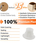 Diagram showing benefits of 50Pcs 3/16 Inch Plastic Hole Plugs Snap In Shelf Plugs White Drilling Cover Plugs For Cabinets Cupboards And Shelves Quick Install No Fuss Durable PP Material Hides Holes And Keeps Furniture Clean, with before and after installation comparison and attributes list.