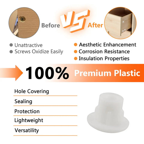 Diagram showing benefits of 50Pcs 3/16 Inch Plastic Hole Plugs Snap In Shelf Plugs White Drilling Cover Plugs For Cabinets Cupboards And Shelves Quick Install No Fuss Durable PP Material Hides Holes And Keeps Furniture Clean, with before and after installation comparison and attributes list.
