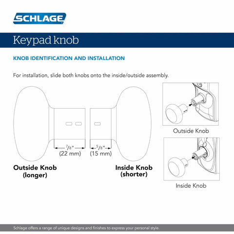 Installation diagram for Schlage keypad knob showing outside and inside knob assembly with dimensions.