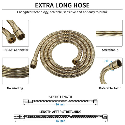 High Pressure Handheld Shower Head With Six Spray Settings Detachable Design 70 inch hose detail with connector and rotatable joint.