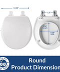 Soft Close Toilet Seat With Easy Clean Hinges And Adjustable Front To Back Fit, Durable Wood Seat, Round White, dimensions view