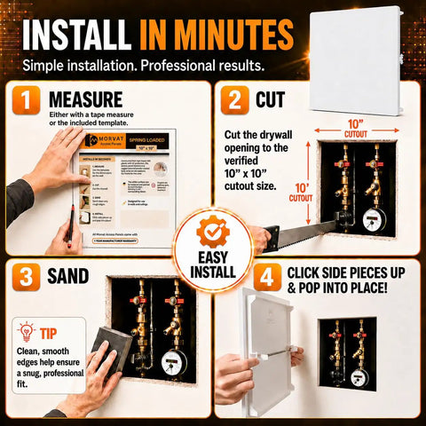Built Tough Spring Access Panel 10x10 Inch For Ceiling And Drywall Snap Right In White Cover Plate installation steps with tools.