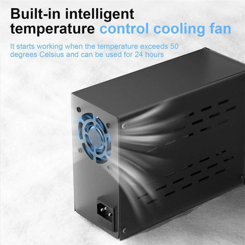 Adjustable 0 To 30V 0 To 10A DC Power Supply with intelligent cooling fan and AC 110V input, shown on a lab bench.
