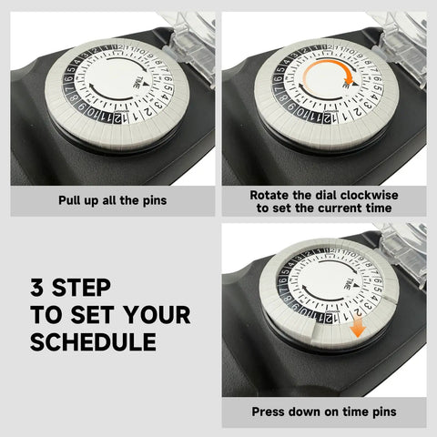 All Season Heavy Duty Outdoor Timer With Six Foot Cord 24 Hour Mechanical Settings showing set-up steps for scheduling.