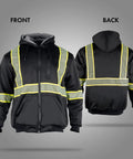 Men's Reflective Wool Fleece Safety Hoodie With High Visibility ANSI Class 3 Work Jacket Sweatshirt For Construction Sites Black XL, front and back view.