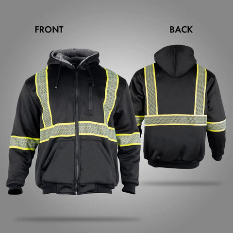 Men's Reflective Wool Fleece Safety Hoodie With High Visibility ANSI Class 3 Work Jacket Sweatshirt For Construction Sites Black XL, front and back view.