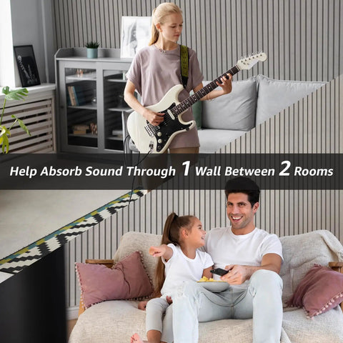 Self Adhesive Soundproof Acoustic Wall Panels For Room Treatment Game Changing Noise Absorbing Foam Tiles To Knock Out Echoes And Smooth Out Reverb With Zero Sweat Peel And Stick Install Camel Color 10 Pack in use between two rooms.