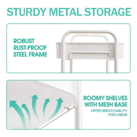 Close-up of Three Tier Rolling Cart Metal Utility Storage Organizer with lockable wheels, showing mesh base and steel frame.