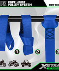 Three blue soft loops for Beefy Heavy Duty 2000 Lb Rope Hoist With 50 Ft Soft Loop Poly Rope shown in use on a metal bar.