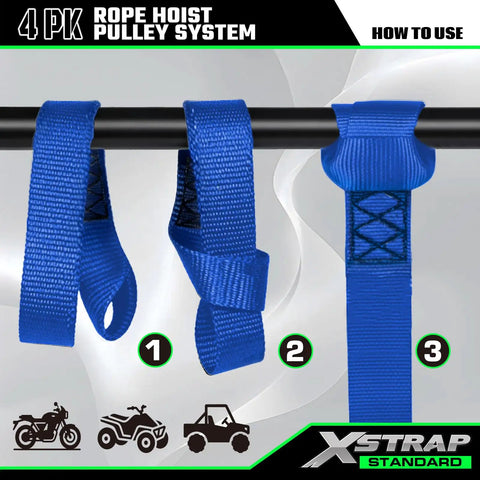 Three blue soft loops for Beefy Heavy Duty 2000 Lb Rope Hoist With 50 Ft Soft Loop Poly Rope shown in use on a metal bar.