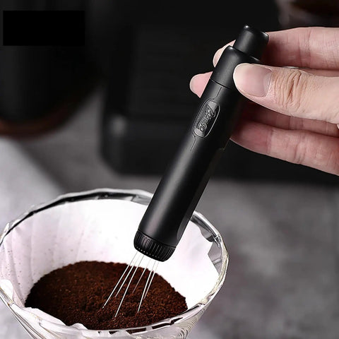 Dope Pink Magnetic Telescopic Coffee Distribution Needle And Rock Solid Stainless Steel Espresso Grounds Leveler For Zero Clumping And Effortless Daily Grind Vibes in use over ground coffee