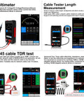 Rechargeable Network Cable Tester With Tone Generator And Probe All In One 4 Inch IPS Touchscreen Built In DMM Optical Power Meter VFL PoE Test And Continuity Checker LT 600M displays multimeter, cable testing, TDR test features