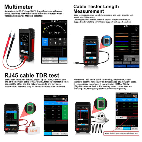 Rechargeable Network Cable Tester With Tone Generator And Probe All In One 4 Inch IPS Touchscreen Built In DMM Optical Power Meter VFL PoE Test And Continuity Checker LT 600M displays multimeter, cable testing, TDR test features