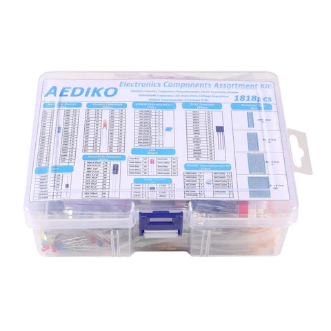 Electronic Components Assortment Kit With 1818 Pieces For DIY Projects in a clear plastic storage box