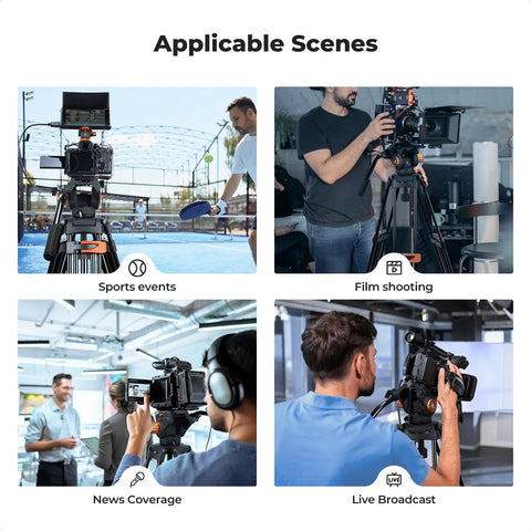 Camera setups for sports, film, news coverage, and live broadcast using 80 Inch Aluminum Fluid Head Video Tripod With Quick Release Plate, Smooth 360 Pan And -70 To 90 Tilt, Heavy Duty Support Up To 17.6 Lb, Detachable Handle For Either Hand, Ideal For DSLR Mirrorless Camcorders And Video Cameras.
