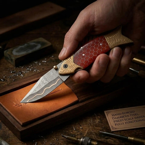Hand holding Handmade Copper Damascus Folding Knife With Ladder Pattern Blade Brass Engraved Red Resin Handle Leather Sheath