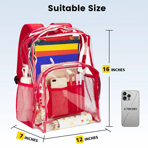 Heavy Duty Clear Backpack With Thick Smellless PVC Reinforced Straps And Stitching Large Capacity 16x12x7 in red