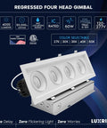 Sleek Quad Head Recessed LED Spotlight With Fully Adjustable 360 Degree Gimbal And 15 Degree Tilt, 5CCT Tuning From Cozy To Crisp, Super Bright 60W 4000 Lumens CRI90, Smooth Dual Dimmable Rectangular Ceiling Light In Clean White Finish (Pack Of Two), showing gimbal heads and housing.