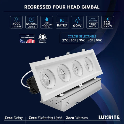 Sleek Quad Head Recessed LED Spotlight With Fully Adjustable 360 Degree Gimbal And 15 Degree Tilt, 5CCT Tuning From Cozy To Crisp, Super Bright 60W 4000 Lumens CRI90, Smooth Dual Dimmable Rectangular Ceiling Light In Clean White Finish (Pack Of Two), showing gimbal heads and housing.