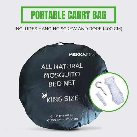 Portable carry bag for Extra Large King Bed Mosquito Net For King Queen And Twin Beds With Fine Mesh Keeps Out Mosquitoes NoSeeUm And Other Bugs Bed Canopy Curtains White Netting For Home Or Travel Ready To Use with hanging accessories.