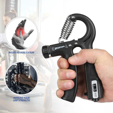 2 Pack Grip Strength Trainer With Counter, Adjustable Hand Grip Exerciser For Forearms, 11-132 Lbs (5-60kg) Resistance, Auto Reps Counter, Built For Athletes And Musicians To Build Real World Grip And Endurance shown in use with close-up view of hand holding the exerciser.