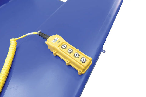 Electric Hydraulic Ground Lift Table With Tilt Top, 44 By 52 Inch Steel Deck, 4000 Lb Capacity, blue control panel with buttons on steel deck.