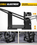 Heavy Duty Motorcycle Wheel Chock With 1800 Lbs Capacity Front Wheel Stand For 15 To 21 Inch Wheels Adjustable Holes Durable Steel Cradle Rust Resistant Finish Fits Off Road And Standard Bikes Black shown from side and installed with flexible adjustment features for different tire sizes.