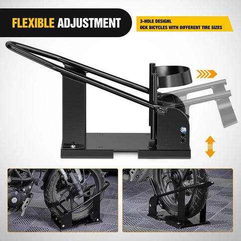 Heavy Duty Motorcycle Wheel Chock With 1800 Lbs Capacity Front Wheel Stand For 15 To 21 Inch Wheels Adjustable Holes Durable Steel Cradle Rust Resistant Finish Fits Off Road And Standard Bikes Black shown from side and installed with flexible adjustment features for different tire sizes.