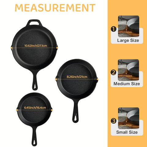Cast Iron Skillet Set 6 Inch 8 Inch 10 Inch Pre Seasoned Ready To Use Nonstick Naturally Oil Coated with measurements shown