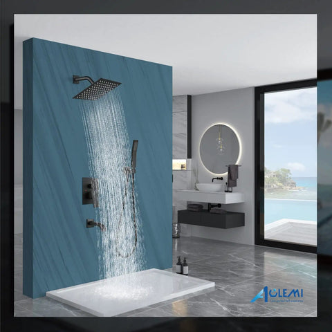 Rainfall Shower System with 8-Inch Matte Black Shower Head, Tub Filler, and Handheld Spray in modern bathroom setup