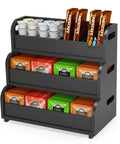 Go-To Tea Bag Organizer Rack With 3-Tier Bamboo Display, Stackable Wall Mount, Holds 180 Plus Tea Bags, Black Finish, filled with tea bags and coffee pods