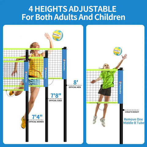 Portable Outdoor Volleyball Net Set For Backyard Or Beach With Easy Snap On Poles No Tools Needed For Quick Setup 4 Adjustable Heights
