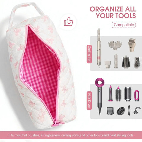 Pink Bow Pattern Hair Tools Organizer Bag For Curling Irons Flat Irons Hair Dryers And Styling Tools Portable Travel Case