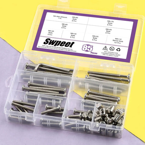 No Fuss Premium Heavy Duty M6 Screws Kit Featuring Barrel Nuts Allen Wrench Hex Socket Head Caps with assorted lengths and sizes.