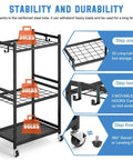 Rolling Garden Tool Organizer On Wheels With Mega Capacity Holds Up To 35 Long Handled Tools Heavy Duty Metal Rack For Garage Or Shed Sturdy Black Holder With 3 Movable Hooks Keeps Yard Tools Neat And Ready To Roll, side view with attached hooks and caster wheels.