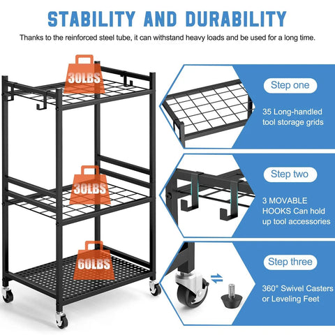 Rolling Garden Tool Organizer On Wheels With Mega Capacity Holds Up To 35 Long Handled Tools Heavy Duty Metal Rack For Garage Or Shed Sturdy Black Holder With 3 Movable Hooks Keeps Yard Tools Neat And Ready To Roll, side view with attached hooks and caster wheels.