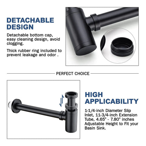 Brass Round Bottle P Trap One And A Quarter Inch Adjustable Sink Waste Trap Drain Kit In Matte Black detail view