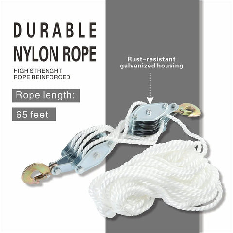 Beefy 2 Ton Rope Hoist Pulley Kit With 65 Ft 0.3 In Poly Rope 7To1 Wheel Block And Tackle 4000 Lb Breaking Strength