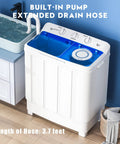 Auertech portable twin-tub washing machine, white with blue lid, front view showing top control knobs.